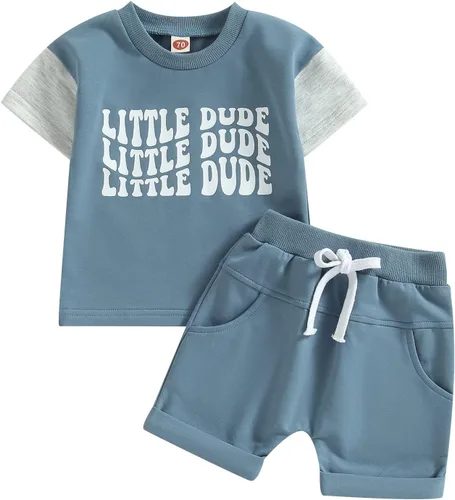 Miniatura 102 de Conjunto de traje de verano para bebé niño pequeño, manga corta, cuello redondo, letras impresas, lindo traje de verano, conjunto de 2 piezas