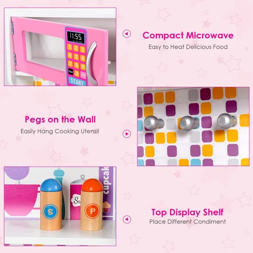 Miniatura 6 de Costzon Juego de cocina para niños, juguete de cocina de chef de simulación de madera con sonido realista, microondas, fregadero, accesorios de Rosa