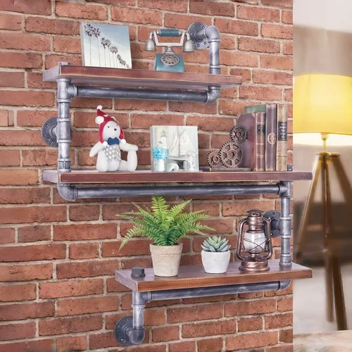 Estantería de tubo industrial Pipe, madera moderna rústica, 3 estantes de pared de tubos escalonados, tubo de hierro forjado, estantería de diseño,