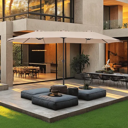 MFSTUDIO Sombrilla de patio de 15 pies con base incluida, sombrilla rectangular grande de mercado de doble cara para exteriores con mango de Beige