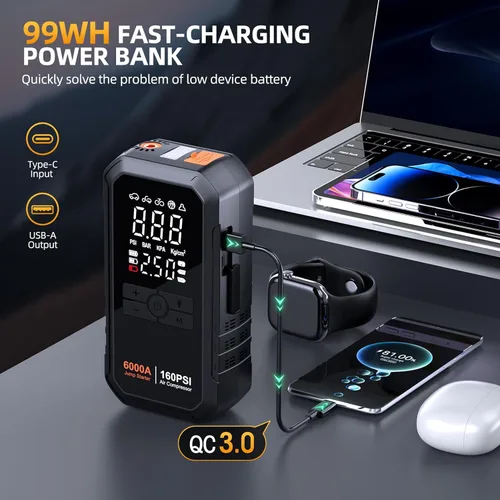 Miniatura 5 de Iniciador de 10 en 1 con compresor de aire 6000A 26800mAh 160PSI Iniciador de batería de coche portátil (todo gas/12L diésel), caja de arranque