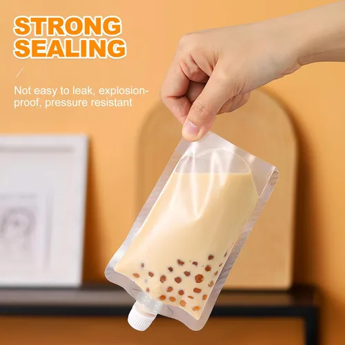 Miniatura 4 de Yardwe Frascos de plástico transparente con sello de boquilla de succión, bolsas de bebidas portátiles de 3.5 onzas para jugo, agua, vino, bolsas