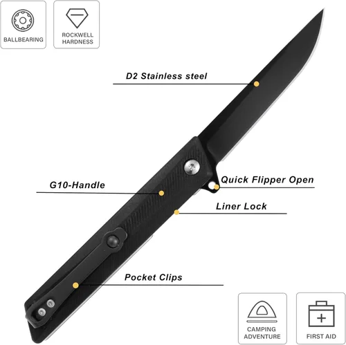Miniatura 3 de ohmonlyhoo Cuchillo de bolsillo, cuchillo plegable de 3.5 pulgadas con mango G10 y hoja D2, cuchillo EDC con funda de nylon para hombres y mujeres