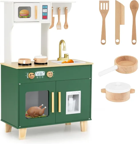 Miniatura 9 de Costzon Cocina de juego para niños, juego de cocina Little Chef con microondas, estufas, pomos de rotación, dispensador de hielo, grifo, fregadero