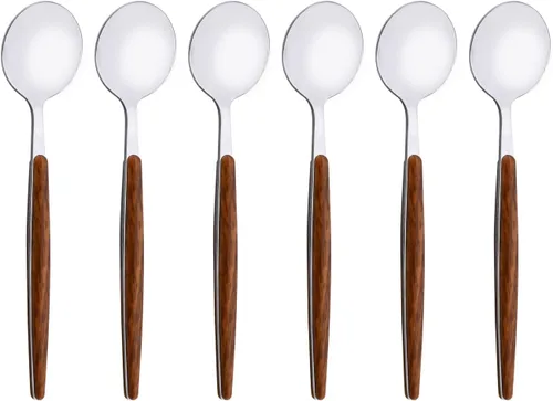 Miniatura 10 de Juego de cubiertos de acero inoxidable con mango de efecto de madera Cubiertos pulidos con espejo plateado, utensilios de cocina para el hogar
