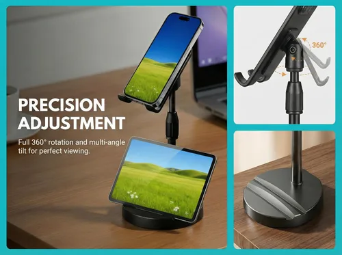 Miniatura 4 de Soporte de altura ajustable para teléfono y tableta, soporte doble para dispositivos con rotación de 360°, base antideslizante resistente