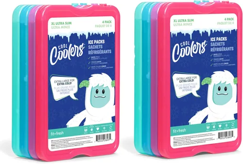 Cool Coolers by Fit & Fresh 4 Pack XL Slim Ice Packs, Quick Freeze Space Saving Reusable Ice Packs for Lunch Boxes or Coolers Multi (paquete de 8)