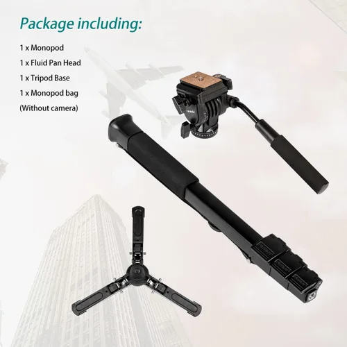 Miniatura 7 de Monopod extensible de aluminio para cámara con cabezal fluido y base de trípode plegable para cámara DSLR. Altura máxima de 58 pulgadas. Carga útil
