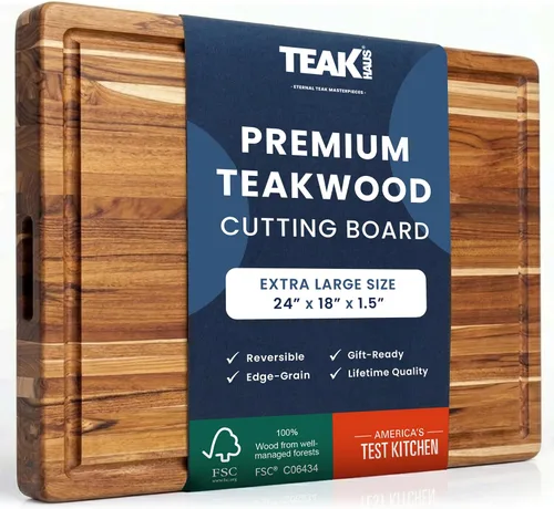 Teak tabla para cortar rectangular con agarre y ranura para líquidos (24 x 18 x 1.5 pulgadas) - De Teakhaus. Solo tabla de cortar