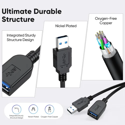 Miniatura 9 de Paquete de 2 cables de extensión USB 3.0, cable extensor USB 3.0 de transferencia de datos de 5 Gbps y carga rápida de 18 W, cables tipo A macho a