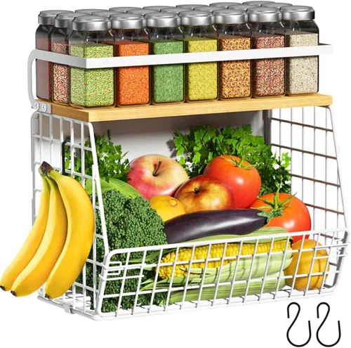Miniatura 15 de Juego de 2 estantes magnéticos para refrigerador con tapa de madera, contenedores de almacenamiento de papas y cebollas, organizadores y Negro