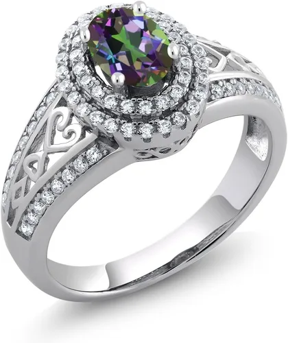Miniatura 11 de Anillo de compromiso con halo de piedra preciosa y piedra natal en plata chapada en oro amarillo de 18 quilates, ovalado, 0.236 x 0.157 pulgadas