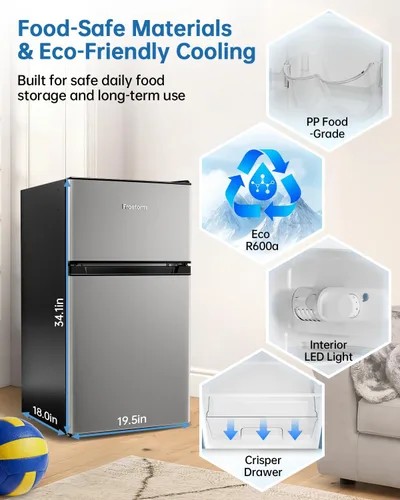 Miniatura 7 de Mini refrigerador de 3.2 pies cúbicos con congelador, ahorro energético, congelador vertical de doble puerta para dormitorio, oficina y dormitorio