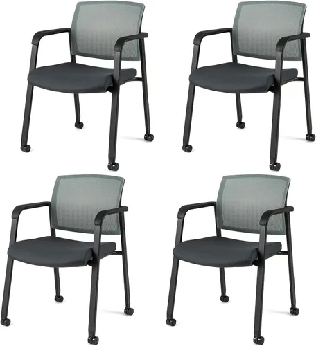 Miniatura 10 de Giantex Juego de 2 sillas de sala de espera, sillas de escritorio de oficina con ruedas de poliuretano, reposabrazos, silla apilable para oficina