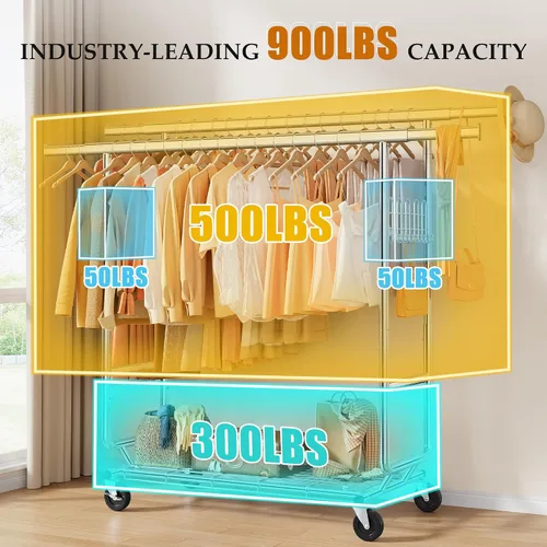 Miniatura 10 de Gewudraw Estante de ropa resistente con carga de 900 libras, estante comercial de doble barra con ruedas y estantes resistentes, estante colgante