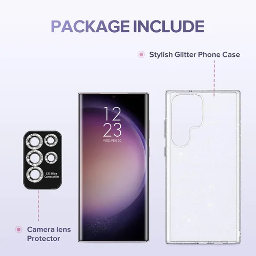 Miniatura 9 de KIOMY Funda transparente con purpurina para Samsung Galaxy S23 Ultra 5G con protector de lente de cámara con brillo de diamante, diseño híbrido