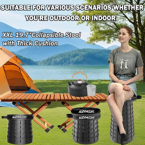 Miniatura 9 de ALEVMOOM Taburete plegable XXL mejorado de 19.7 pulgadas con cojín, taburete telescópico portátil, capacidad de 1000 libras, silla plegable