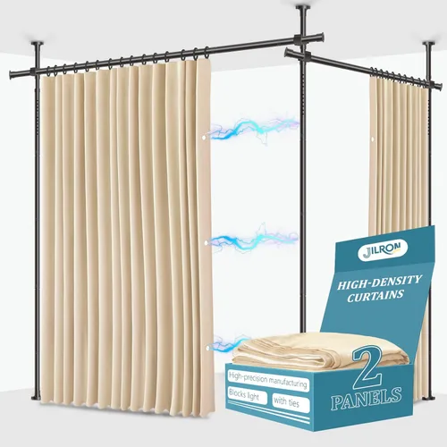 Miniatura 11 de JILRON Juego de cortinas divisoras de ambientes sin taladro: incluye cortina beige de 106 pulgadas de ancho x 84 pulgadas de largo y soportes