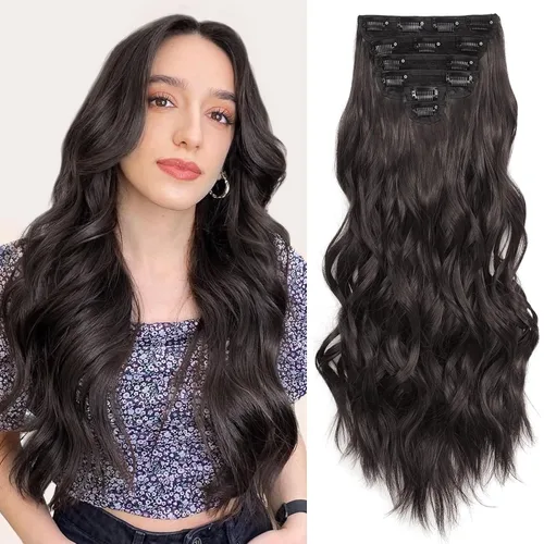 Miniatura 30 de Fliace Extensiones de cabello con clip para mujer, extensiones de cabello ondulado largo de color marrón medio, extensiones de cabello sintético