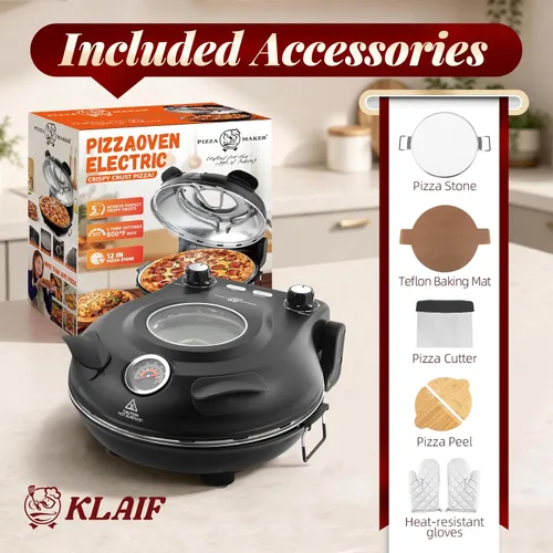 Miniatura 6 de KLAIF Horno eléctrico de pizza de 12 pulgadas para encimera con piedra de cerámica, controles de temperatura ajustables duales, incluye 4 Negro