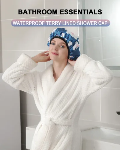 Miniatura 2 de YIZIJIZI Gorro de ducha con forro de rizo, gorro grande de tres capas para mujer, gorro de ducha reutilizable e impermeable, para cabello largo