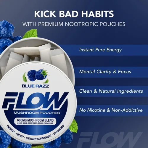Miniatura 2 de Flow Pouches Bolsas nootrópicas de hongos – 600 mg orgánico de hongos energéticos ultra bolsas con melena de león, reishi, cordyceps