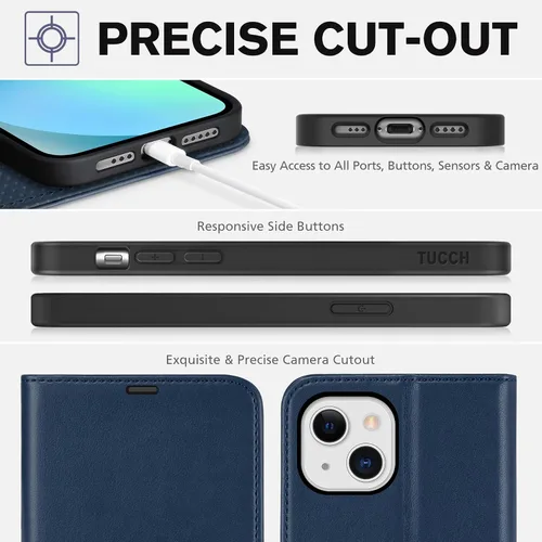 Miniatura 8 de TUCCH Funda tipo cartera para iPhone 13 de 6.1 pulgadas, [Bloqueo RFID] [Ranura para tarjeta] Carcasa protectora interior de TPU, funda magnética