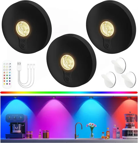 Miniatura 16 de Luces de disco recargables con control remoto, juego de 12 luces magnéticas para debajo del gabinete, luces LED de 1500mAh con control remoto, Blanco