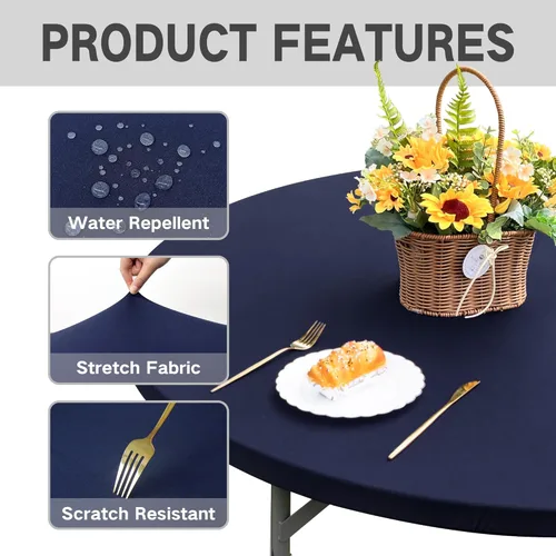 Miniatura 4 de Mantel redondo ajustable elástico de 5 pies de elastano elástico para comedor, interiores y exteriores, fiestas, color azul marino, 60 pulgadas