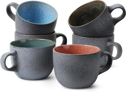 BTAT - Juego de tazas de café de porcelana, 14 onzas (14.0 fl oz), paquete de 6, tazas de café de cerámica, negro mate exterior y colorido en el