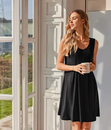 Miniatura 4 de Ekouaer Camisones para Mujeres Sin Mangas Camisa de Dormir Tipo Tank Camisón Cuello en V Camisola Plisada Camisa de Noche Vestido de Dormir Suave