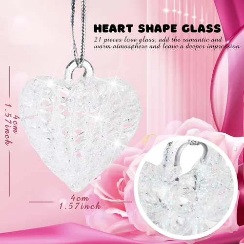Miniatura 3 de BBTO Juego de 21 adornos de cristal en forma de corazón para el día de San Valentín, adorno colgante hilado en forma de corazón de cristal, regalo