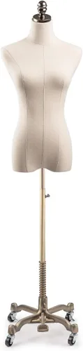 Miniatura 14 de TSC - Maniquí de forma de vestido de exhibición femenina en lienzo natural sobre base metálica con ruedas (bronce, grande)