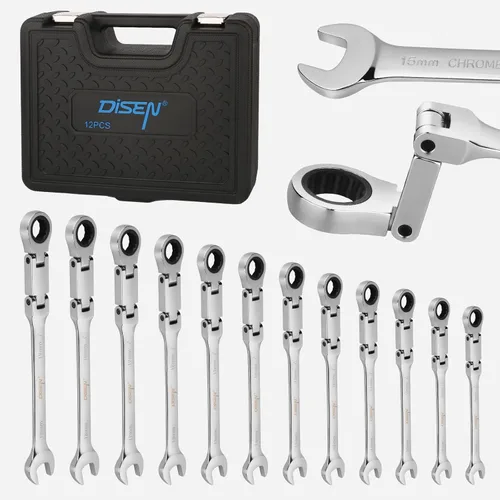 DISEN - Juego de 12 llaves de trinquete con doble articulación, juego de llaves de trinquete de cabeza flexible métrica 8-19mm, llave de combinación