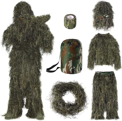 Seeutek Traje Ghillie 5 en 1 – Trajes de caza de camuflaje 3D – chaqueta, pantalones, capucha, bolsa de transporte para adultos y jóvenes, M/L,