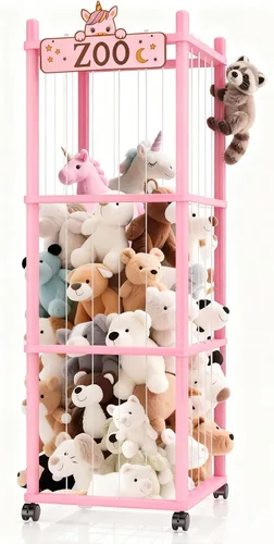 Miniatura 10 de Torre del zoológico de almacenamiento de animales de peluche, organizador grande de madera de 56 pulgadas con ruedas, almacenamiento de peluches