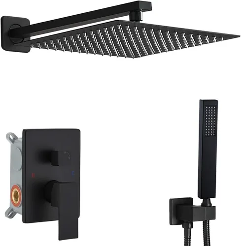 Miniatura 6 de Sistema de ducha negro mate de 10 pulgadas para baño, juego combinado de ducha de lujo con mezclador de lluvia, montado en la pared, grifo de ducha