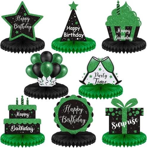 Yexiya 8 piezas de centro de mesa de cumpleaños negro y verde, centros de mesa de panal de abeja de feliz cumpleaños, centros de mesa de panal de