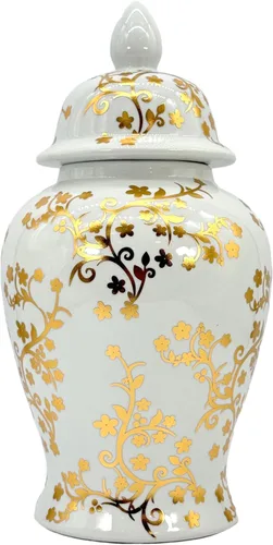 Miniatura 9 de Galt International Jarrón de Templo de Cerámica Chinoiserie Floral Marrón y Blanco de 18" con Tapa - Jarrón de Jengibre Decoración para Hogar