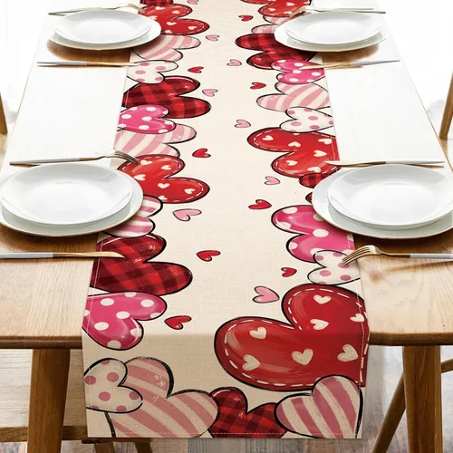 Seliem Camino de mesa para el día de San Valentín, color rosa y rojo, diseño de corazones de amor, a cuadros, lunares, granja, cocina, comedor,