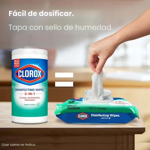 Miniatura 4 de Clorox Toallitas Desinfectantes, Toallitas de Limpieza Paquete Flex, Aroma Fresco, 75 Unidades (El Paquete Puede Variar)