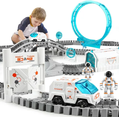 KIZJORYA Pista de carreras de construcción, juego de pistas de tren espacial, 205 piezas, juego de pistas flexibles para niños de 4 a 7 años con