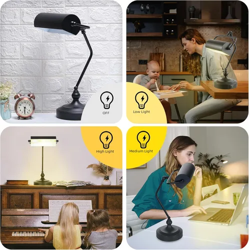 Miniatura 4 de CONCA Lámpara de escritorio y de piano ajustable LED con toque clásico antiguo y protección ocular - Negro (bombilla incluida)