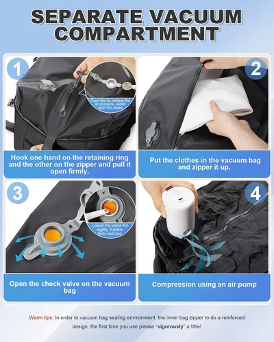 Miniatura 3 de winspansy Mochila de viaje esencial de viaje con bomba de aire, bolsas de compresión para viajes, transporte aprobado por vuelo, mochila