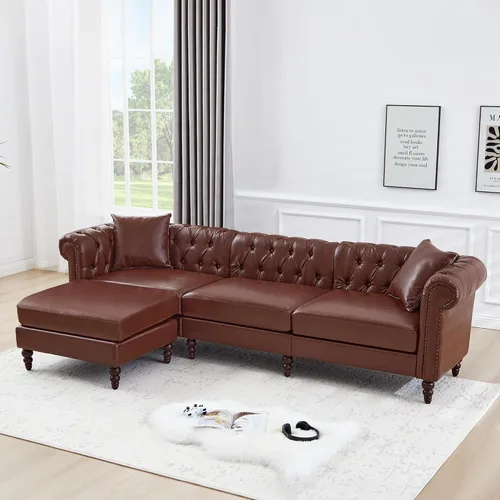 LEVNARY Sofá seccional Chesterfield en forma de L de 108 pulgadas con otomana móvil, sofá de 4 asientos con brazos curvos, tapizado en piel