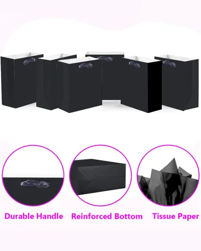 Miniatura 3 de qiqee 24 bolsas de regalo negras con papel de seda para bodas, cumpleaños, suministros de fiesta, bolsas de regalo de cartón de tamaño mediano