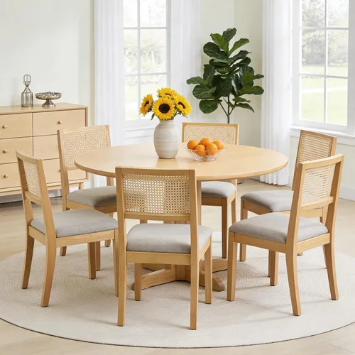 Miniatura 9 de Juego de 2 sillas de comedor de ratán, sillas de comedor de cocina con respaldo de bastón, silla tapizada de ratán moderna de mediados de siglo
