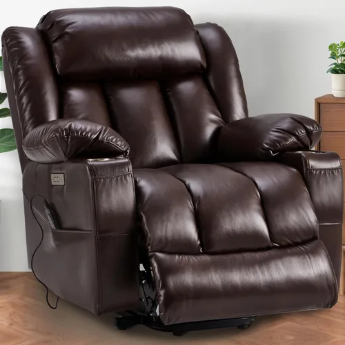 Power Lift Sillón Reclinable de Cuero con Masaje y Calor, Silla Lazy Boy con Portavasos, Puertos USB y Tipo C, Control Remoto (Marrón)