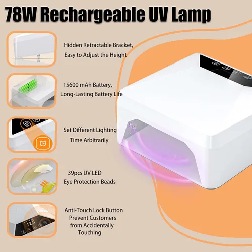 Miniatura 4 de Lámpara de pie UV, lámpara UV recargable de 78 W para pies, secador de uñas LED con soporte telescópico oculto, esmalte de uñas inalámbrico