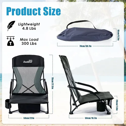 Miniatura 3 de Lamberia Silla de playa plegable para adultos, paquete de 2, sillas de playa bajas portátiles con capacidad de 300 libras, silla de camping ligera